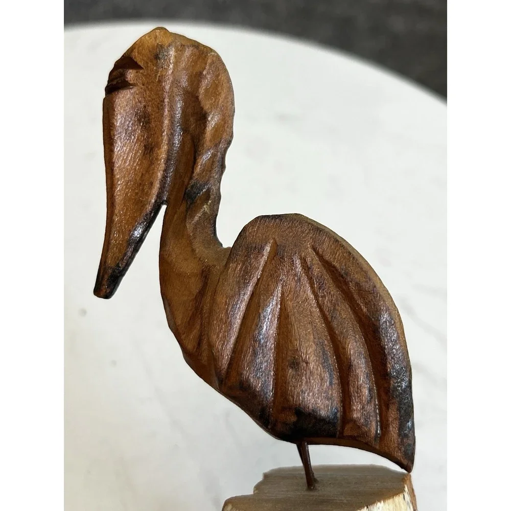 Vtg Hand Carved Wood Pelican Sculpture Driftwood Coastal Nautical Folk Art